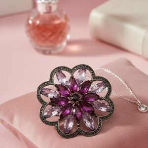 Amethyst & Rhodolite-Style Crystal Flower Statement Brooch